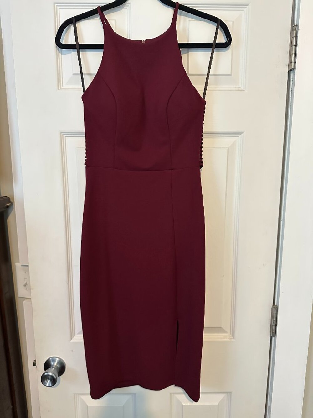 B. Darlin Burgundy Halter Side Mesh Cutout Midi Bodycon Dress